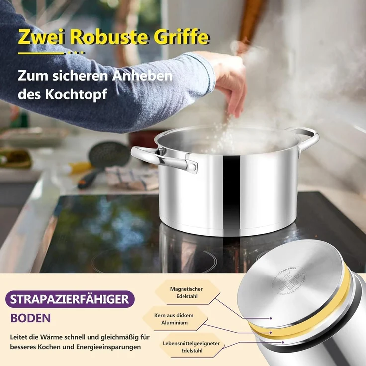 Joyfair Edelstahl Kochtopf 22cm 4,7 L mit Glasdeckel für alle Herdarten – Bild 5