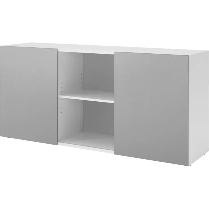 bümö Schwebetürenschrank, Sideboard Weiß/Silber - Büromöbel Sideboard Holz 160cm breit, 42cm schmal, Büro Schrank mit Schwebetür für Flur oder als Wohnzimmer-Kommode, 1780-W-S