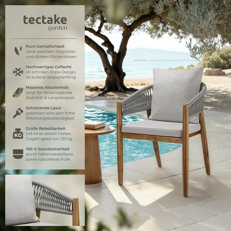 tectake Gartenstuhl Balkonstuhl, Belastbarkeit 120 kg, wetterfest, höhenverstellbar (Terrassenstuhl Manacor für Außen in Akazienholz Grau/Beige, 2 St), 60 x 58 x 76,5 cm, wasserabweisende, abnehmbare Polyesterbezüge – Bild 1