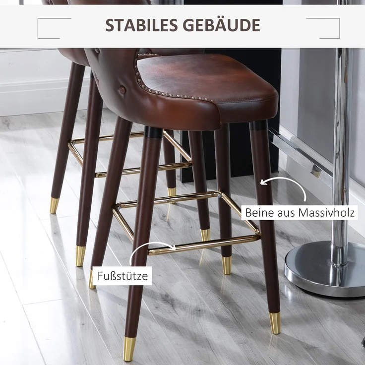 Barhocker 2er-Set eleganter Bistrostuhl mit Fußstütze & Rückenlehne, Esszimmerstuhl PU Braun 52x53x101cm--Braun--52x53x101cm--YOUDENOVA – Bild 5
