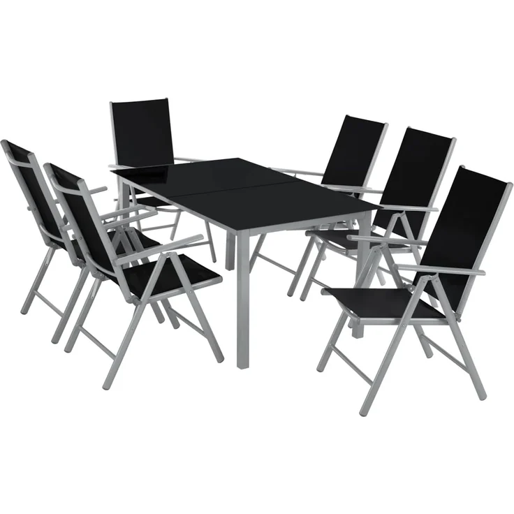 tectake® Sitzgarnitur Aluminium Klappstühle, Lounge Set mit 6X Stühle und 1x Glastisch Esstisch, Gartenmöbel Set wetterfest für den Balkon, Gartenstühle, Terrassenmöbel, Liegestuhl - Silber – Bild 1