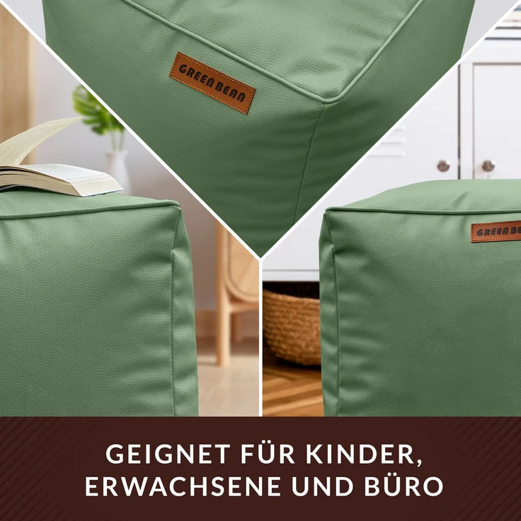 Green Bean® Sitzhocker aus Kunstleder - Pouf mit EPS Perlen Füllung - 40 x 40 cm - perfekte Ergänzung zum Sitzsack - Hellgrau-Grün – Bild 3
