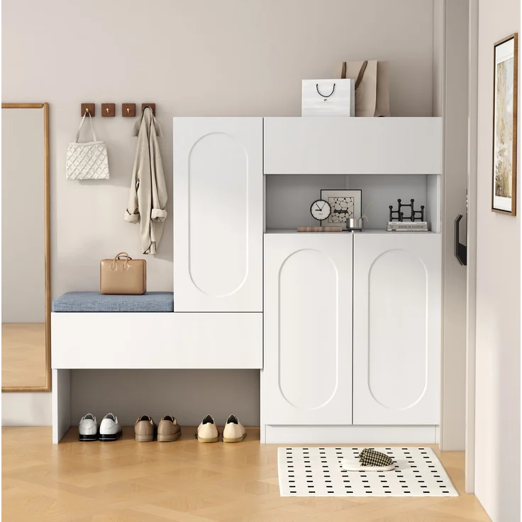 Weißer Schuhschrank mit Sitzbank und höhenverstellbaren Fächern 130 cm Moderner Schuhorganizer für Diele mit Soft Close Funktion Schuhregal Aufbewahrungsbank mit abnehmbarer Sitzauflage và Kippsicherung, 130cmx35cmx110cm, Weiß – Bild 1