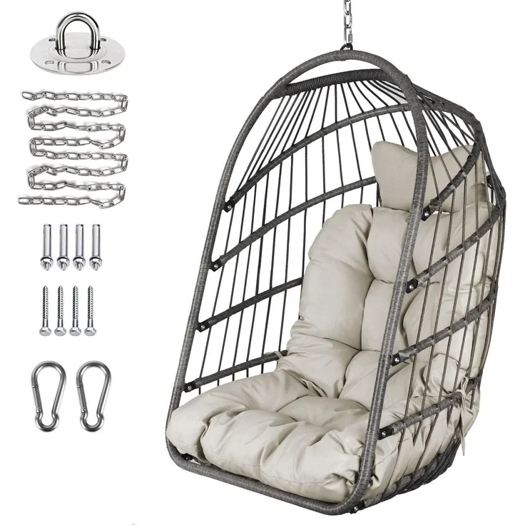 Hängesessel Rattan faltbar Aufhängeset UV Kissen Balkon Stuhl (Grau) – Bild 1