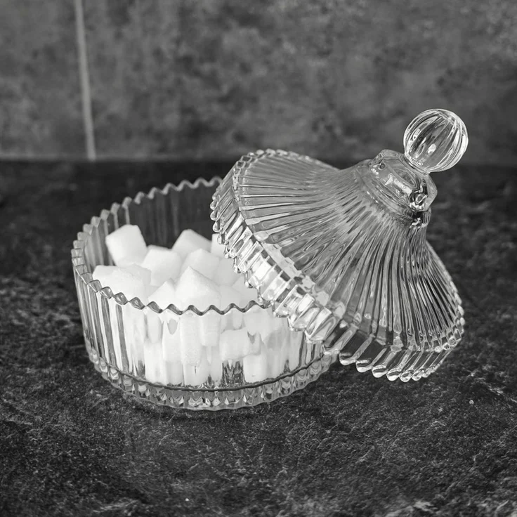 Glasschale mit Deckel Transparent Riffle Design für Snacks, Süßigkeiten 14x15cm – Bild 3