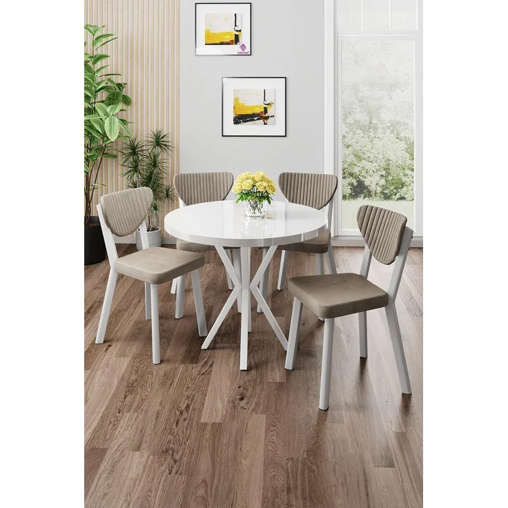 Modernes 5-teiliges Esszimmer-Set mit Tisch und Stühlen, Weiß & Cappuccino, 100% melaminbeschichtet, Metallbeine, skandinavisches Design – Bild 2