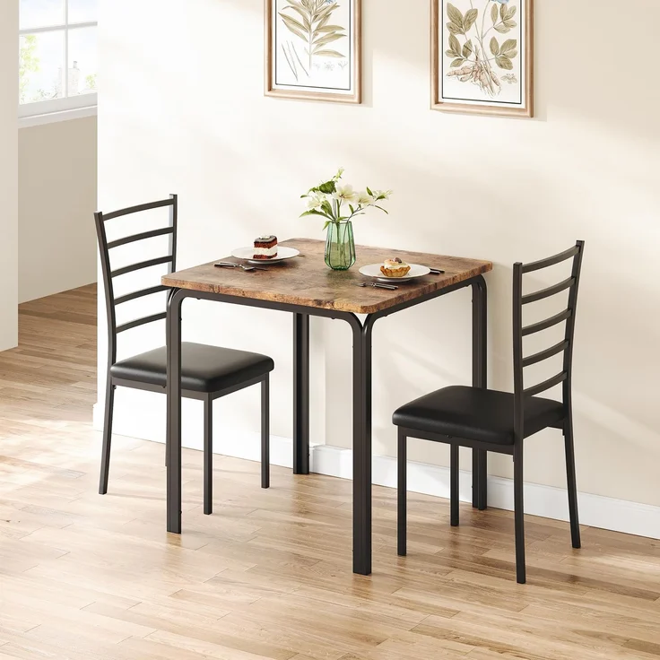 IDEALHOUSE 3-Teiliges Esszimmer Set Für 2 Personen, Esstisch&2 Gepolsterte Stühle, Platzsparend Esszimmermöbel-Set, Metall Und Holz, Stabil, Tisch Essgruppe Mit 2 Stühlen Für Räume, Küche-Klassic