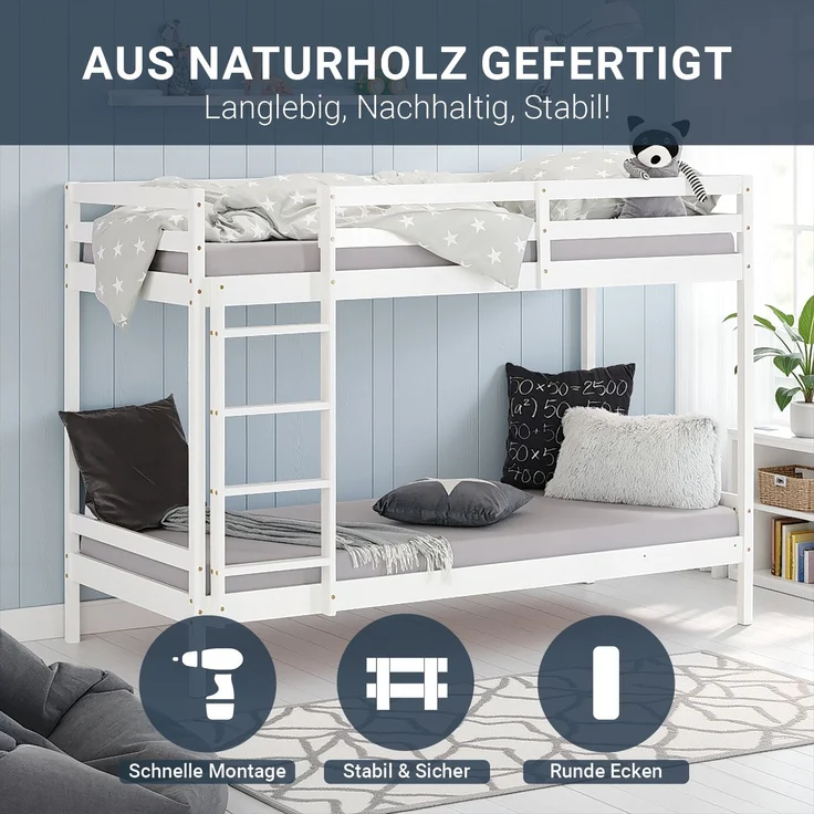 Homestyle4u Etagenbett, Kiefernholz weiß, 90x200 cm – Bild 5