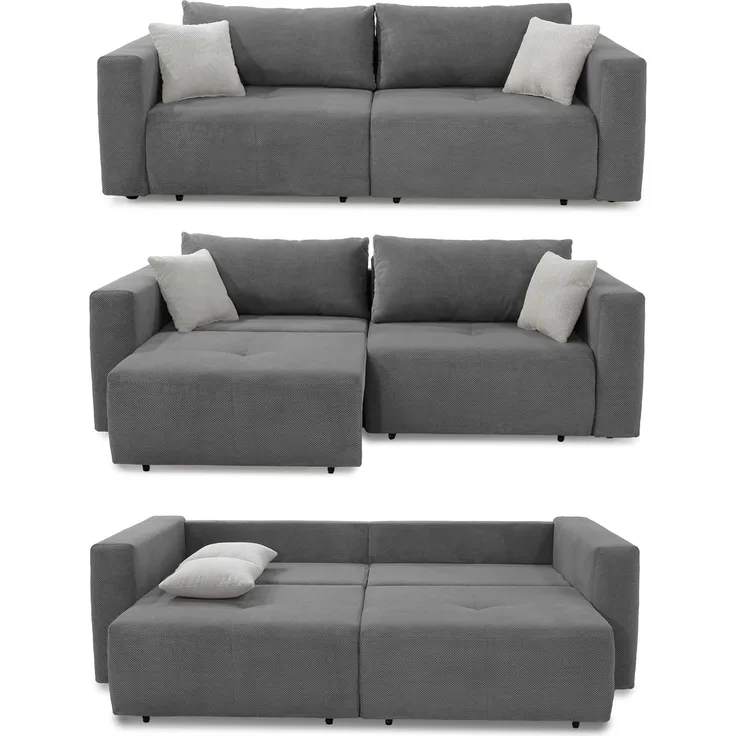 Schlafcouch Verwandlung Big-Sofa zum Ecksofa Schlaffunktion Bettkasten Cord Grau