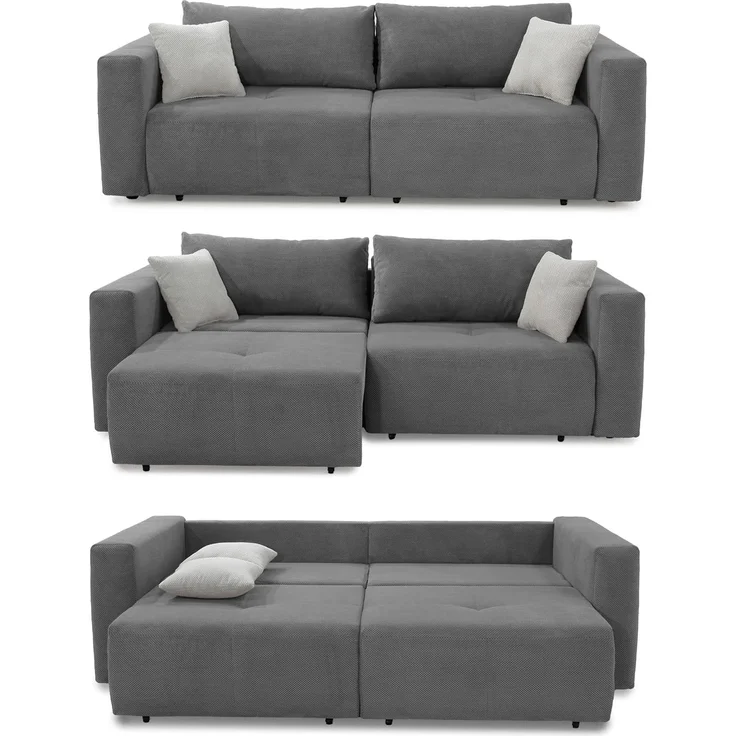 Schlafcouch Verwandlung Big-Sofa zum Ecksofa Schlaffunktion Bettkasten Cord Grau – Bild 1