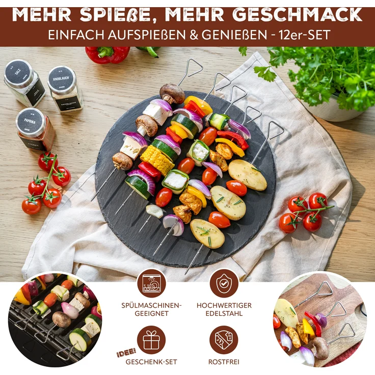Grillspieße 12er Set aus Edelstahl ca. 29,5 cm - Schaschlik-Spieße im Vorteilspack – Bild 2
