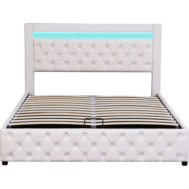 Lit rembourré 140 x 190 cm, entièrement fonctionnel, avec un sommier à lattes et un espace de rangement, rangement hydraulique, éclairage LED, blanc, matériau PU. – Bild 10