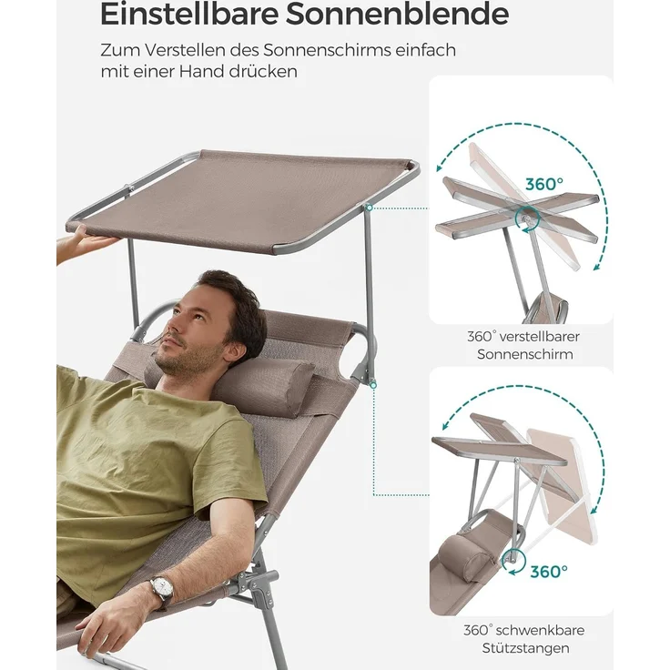 Songmics Sonnenliege mit Sonnenschutz, Kopfstütze & verstellbarer Rückenlehne, klappbar, 200 x 71 x 38 cm, Taupe – Bild 2