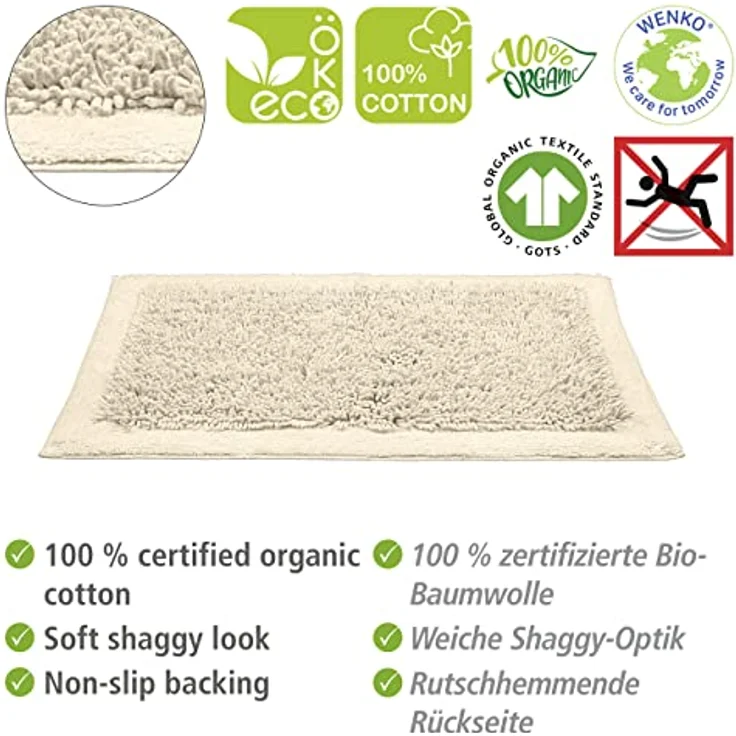 WENKO Badematte Sidyma Beige, 100% Bio-Baumwolle, rutschhemmend, 60 x 90 cm – Bild 3