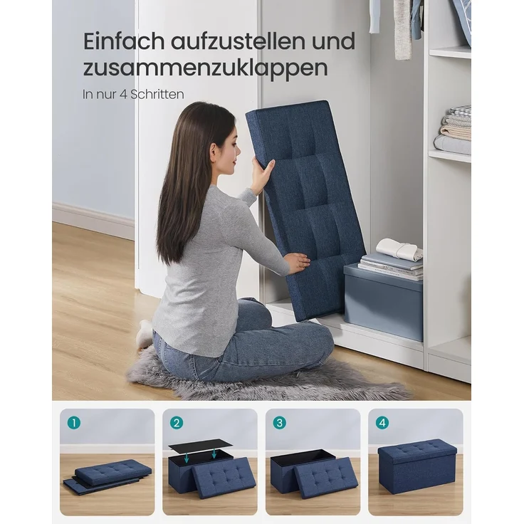 Sitzbank mit Stauraum, 76 cm, klappbare Sitztruhe, Aufbewahrungsbox, Fußbank, Dunkelblau – Bild 6