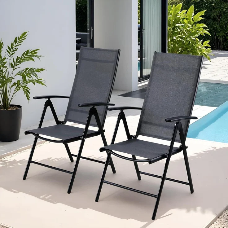 Clevich Gartenstühle Alu 2er Set, Gartenstuhl Hochlehner Klappbar mit 7-Fach Verstellbar Rückenlehne, Balkonstühle bis 120kg, Leicht Campingstühle, Ergonomisch Atmungsaktiv und komfortabel, Dunkelgrau – Bild 1
