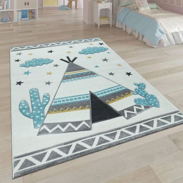 Paco Home Kinderteppich Ela 215, rechteckig, Höhe: 16 mm, Kurzflor, 3D-Design, Motiv Zelt, Wolken & Sterne, Kinderzimmer – Bild 1