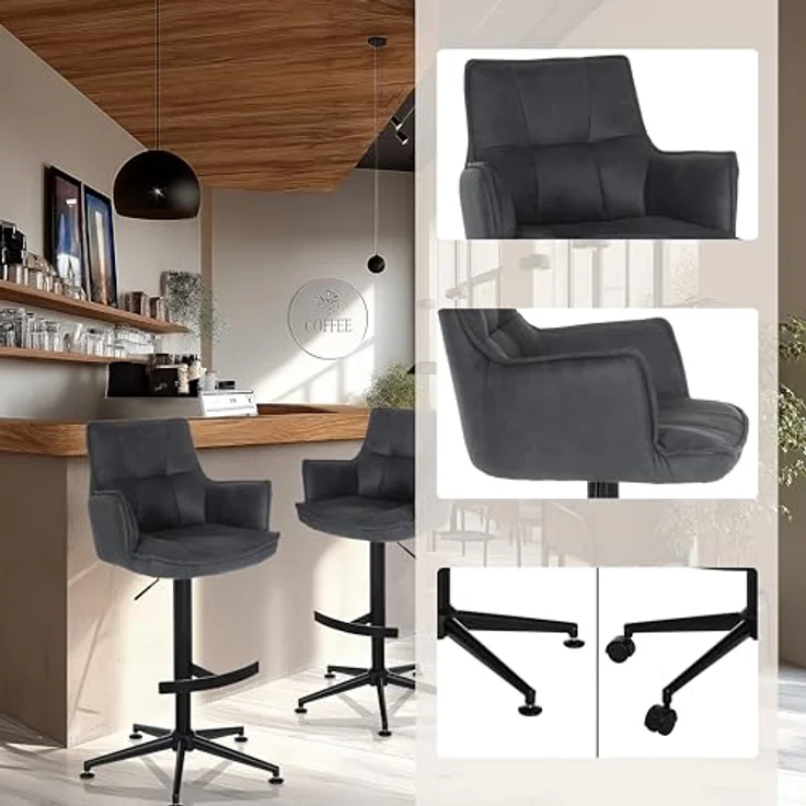 hjh LIVING Barhocker höhenverstellbar, Hocker mit Lehne SOLAO Life HIGH Stoff, drehbarer Tresenhocker mit Fußstütze und Armlehnen, Anthrazit – Bild 4