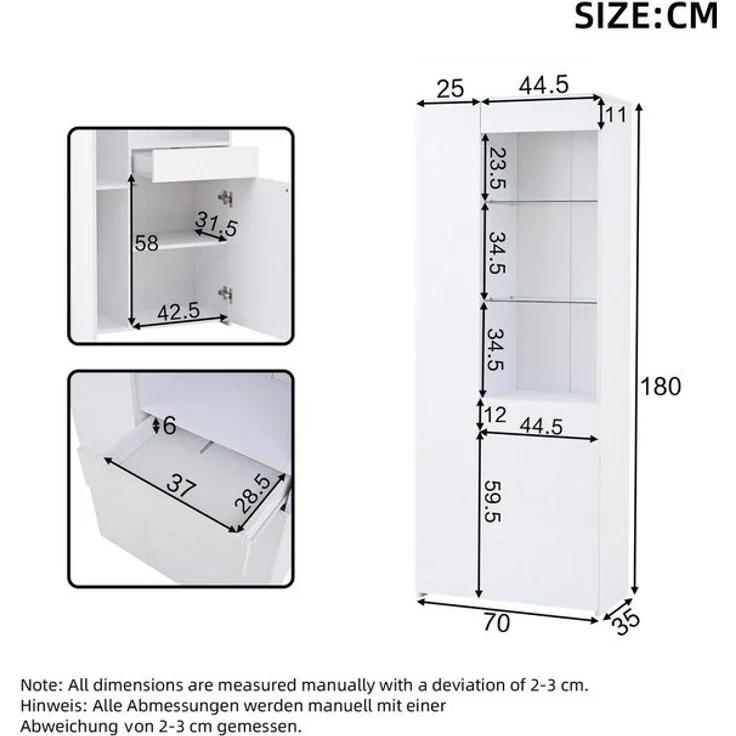Merax Glasvitrine hochglanz Vitrine mit LED (70*35*180cm, 1-St, Hochschrank Standregal Schrank) Standvitrine Highboard mit Glasfächern, Schublade & Push-to-Open Türen – Bild 4