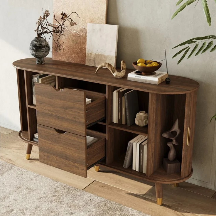 MODFU Sideboard 140x79,5x40 cm Wohnzimmer-Sideboard in vertikaler Maserung (Packung, 1 St, Praktisch mit Schiebetüren und Massivholzbeinen), Abgerundeter Eckschrank mit zwei Schubladen – Bild 2