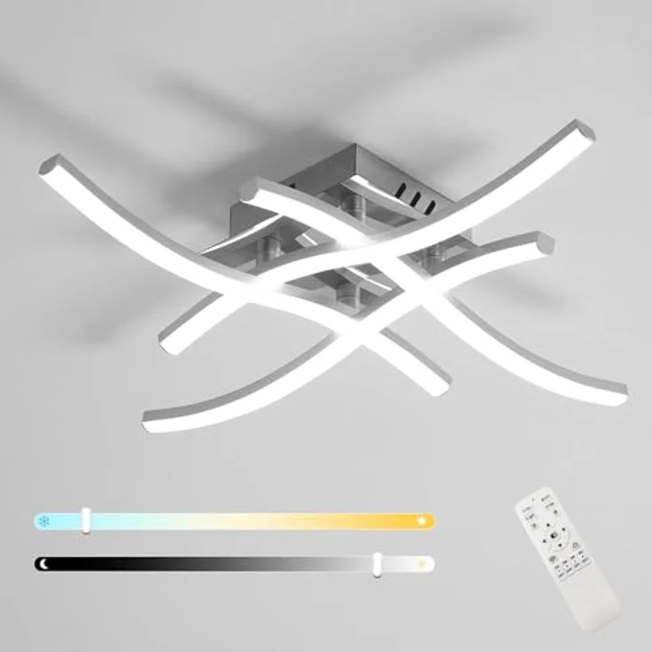 Goeco LED Deckenleuchte Dimmbar 28W 3000 k - 6500 k Silber Deckenlampe mit Fernbedienung 4 Flammig, Modern Curved Deckenbeleuchtung für Wohnzimmer Schlafzimmer, 45 * 45 * 8 CM – Bild 2