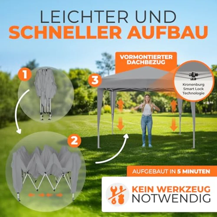 Kronenburg Faltpavillon wasserdicht Dachmaß 3x3 m UV Schutz 50+ Pavillon in Grau – Bild 5