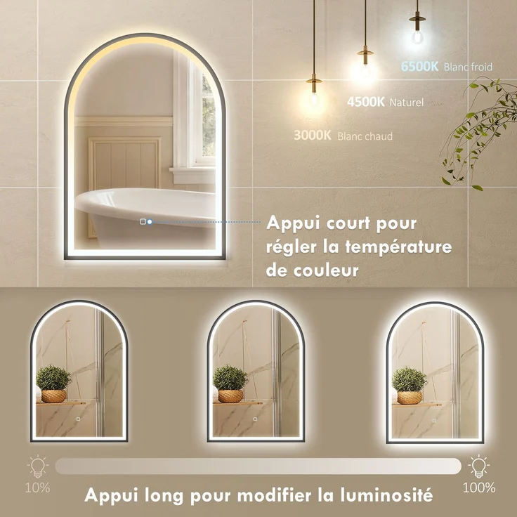 Badezimmerspiegel mit Beleuchtung 50 x 70 cm, gewölbter LED-Spiegel, beschlagfrei, 3 Lichtfarben, dimmbar, Speicherfunktion, schwarz – Bild 7