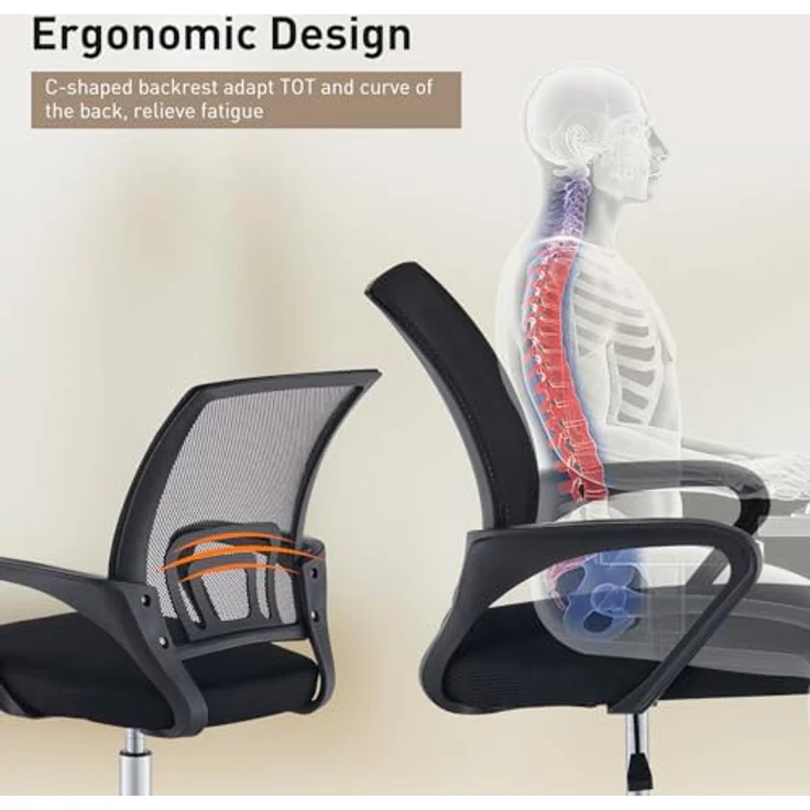 TUKAILAI Bürostuhl Ergonomisch, Schreibtischstuhl aus Netzstoff, Chefsessel mit Lendenwirbelstütze, Armlehne, Höhenverstellbar, 360° Drehbar, Computerstuhl Arbeitsstuhl für Zuhause Büro, Schwarz – Bild 6
