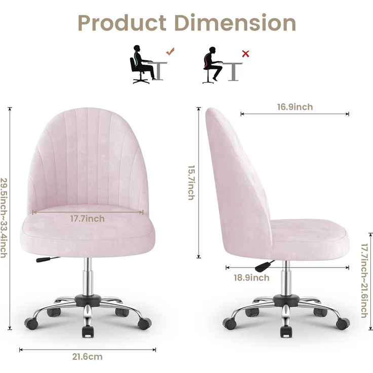 Botifly Bürostuhl ohne Armlehnen, Samt, Rosa, 8 cm Polsterung, 360° Drehbar – Bild 10