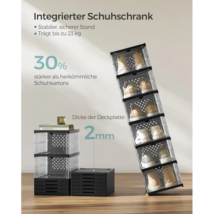 SONGMICS Schuhschrank, mit 6 Schuhboxen, integrierter Schuh-Organizer, faltbar, tragbar, für Schuhe bis Größe 46, 1-Min-Montage, transparent-tintenschwarz LSP205B01 – Bild 6