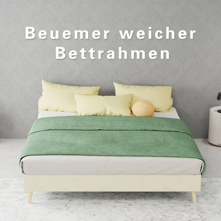 Novelux Bettgestell 140x200 Beige – Modernes Plattformbett aus Samt, Holzrahmen, Ohne Kopfteil, Low-Profile Design – Bild 5