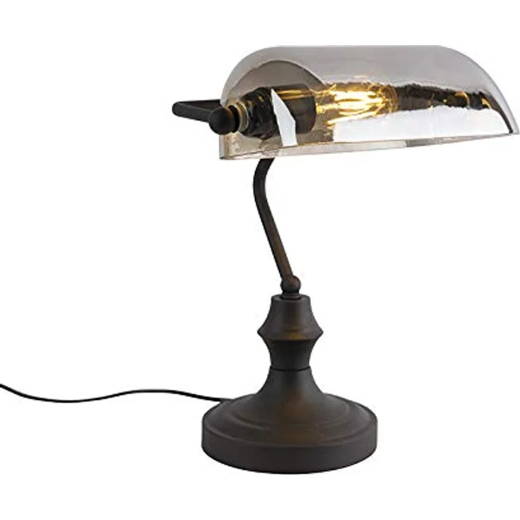 QAZQA Klassische Notarlampe, Antik Schwarz mit Geräuchertem Spiegelglas, Längliche Bankerleuchte, LED geeignet E27, Dimmbar, 34,5 cm Höhe