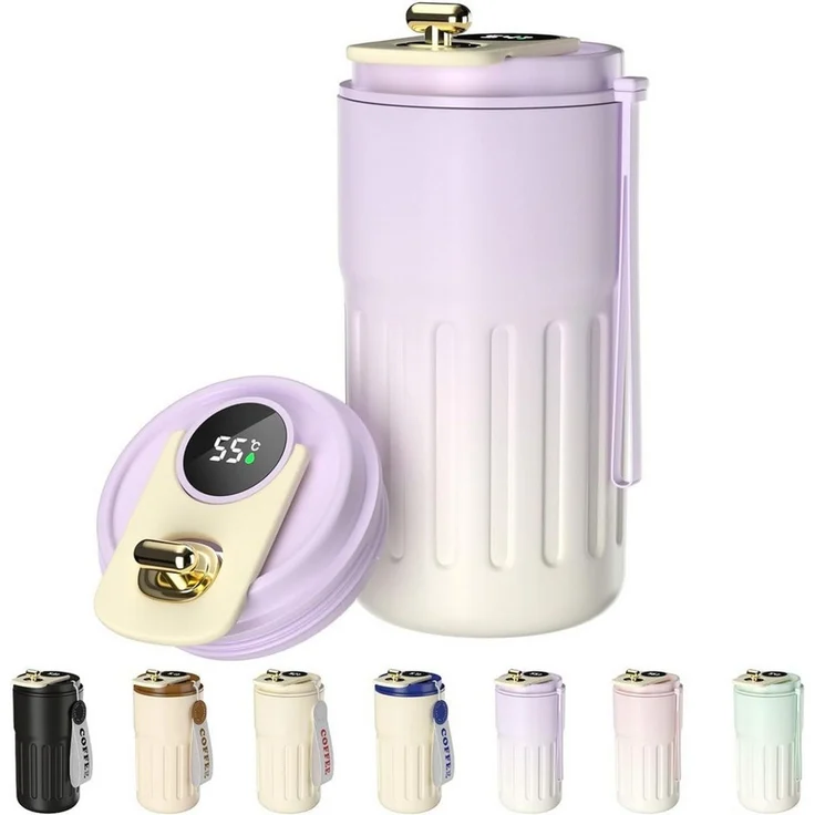 EXTSUD Thermobecher 410ml 316 Edelstahl Kaffeebecher, Digitalanzeige Thermobecher, Lila, 316-Edelstahl und Keramik, Travel Coffee Mug, Isolierter auslaufsicher Termokaffeebecher – Bild 1