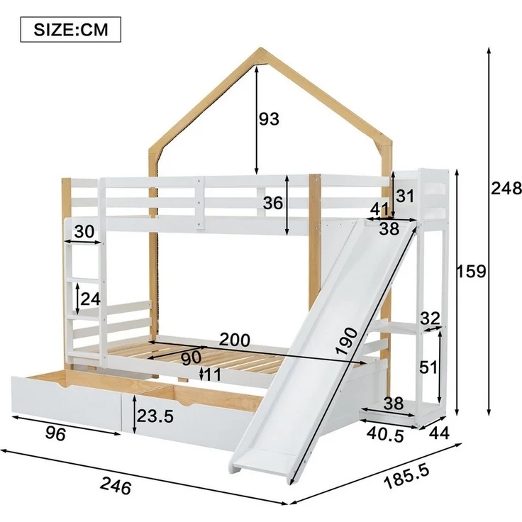Merax Etagenbett, 90x200cm, Holz Hochbett mit Schubladen und Rutsche, Leiter und Regal – Bild 3
