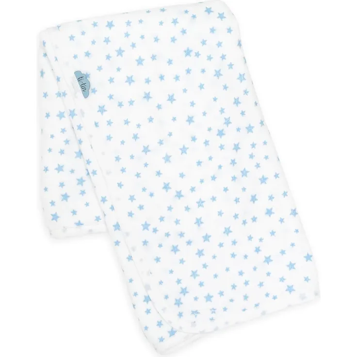 Ti TIN | Babydecke, 80x110 cm | Kuscheldecke aus Fleece-Stoff, warm und weich, fürs Auto, Wiege, Kinderwagen, Babyschale, etc, Sternenmuster - Farbe Weiß/Blau