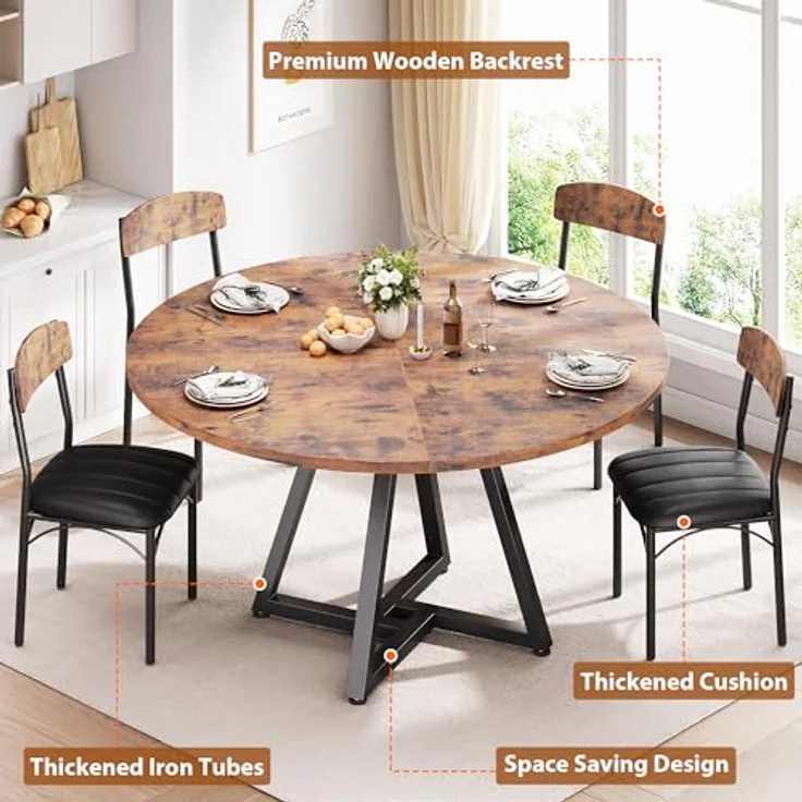 Esstisch Runder und 4 Esszimmerstühle Set, Essgruppe 5-Teilig, Küchentisch mit stabilem Metallgestell und 4 stühle, platzsparender Esszimmertisch aus Holz im Industrial Design (Vintage Braun, 120cm) – Bild 5