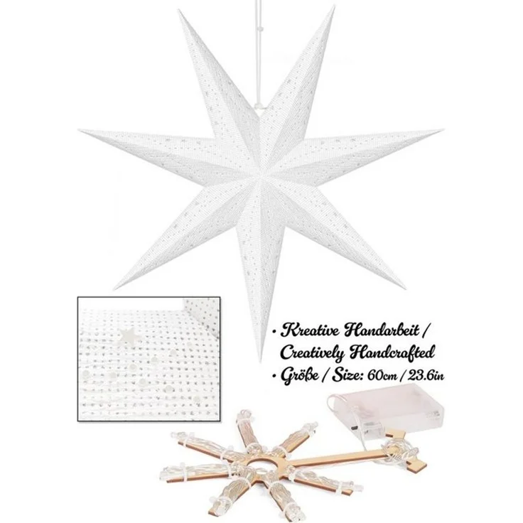 BRUBAKER 3D Weihnachtsstern zum Aufhängen - LED Papierstern mit Timer - 60 cm Adventsstern mit modernem Muster - Batteriebetrieben und Beleuchtet - Weihnachten Deko Leuchtstern für Fenster - Weiß – Bild 4