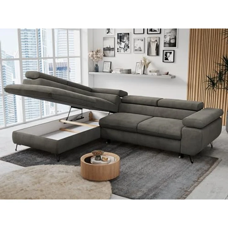 Mks Möbel 'Peter L-form' Ecksofa mit Bettfunktion, Bettkasten & einstellbaren Kopfstützen, Dunkelgrau, Velours, links – Bild 5