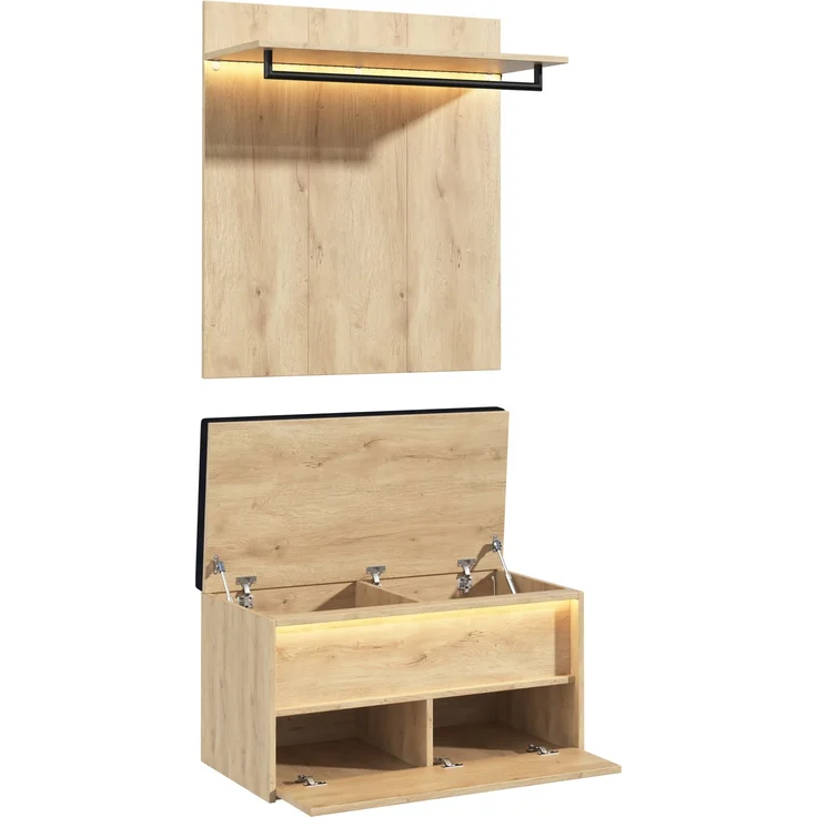 Garderoben-Set mit Schuhbank, Sitzkissen & LED-Beleuchtung, 90x47x145 cm, Eiche – Bild 3