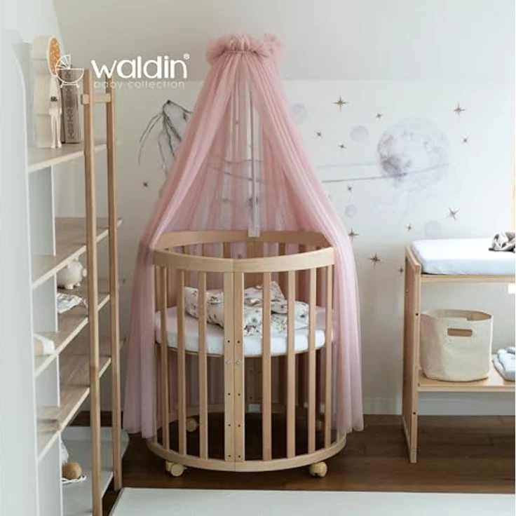 Waldin Oval Baby-Bett Mitwachsend Komplett Set 7in1, Gitterbett, Kinderbett mit Matratze, Wickelkommode, Beistellbett, Holz Natur, Stoffe Rosa Tiere – Bild 5