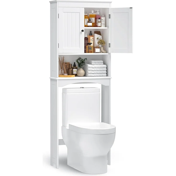 Bealife Toilettenregal, Regal über Toilette mit 3-stufigen verstellbaren Regalen, WC Überbauschrank Freistehend, 167 x 60 x 23 cm Überbau Toilettenschrank mit Doppeltüren für Badezimmer – Weiß – Bild 3