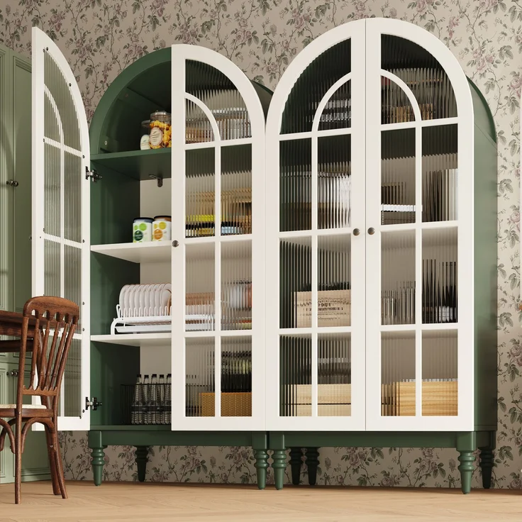 2-set Bogen-Vitrinenschrank 165cm mit Riffelglas-Doppeltüren, 3 Einlegeebenen, 2 Farben (Dunkelgrün+Weiß)--Grün--76x38.5x165cm--YOUDENOVA – Bild 1