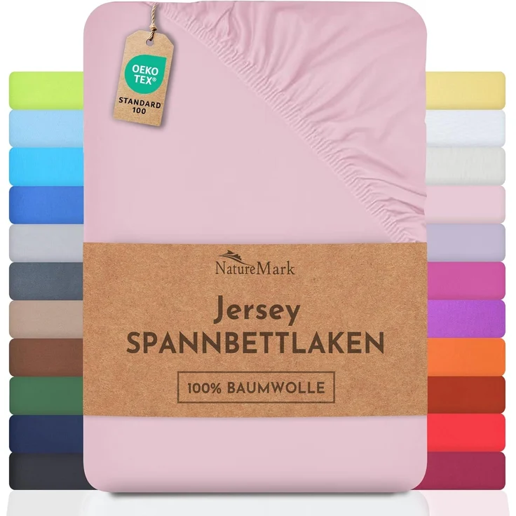 NatureMark Jersey Spannbettlaken, Spannbetttuch 100% Baumwolle in vielen Größen und Farben MARKENQUALITÄT ÖKOTEX Standard 100 | 200x220 cm +40 Steg - rosa
