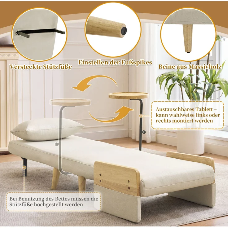 Sessel Leinen 3-in-1 mit drehbarem Tablett,88 x 66 x 74.5 cm,Relaxsessel mit 6-stufiger Rückenlehne & Massivholz – Bild 8