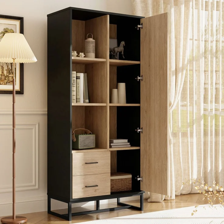 Moderner Highboard Schrank 80x40x180 cm – Holzoptik mit schwarzem Rahmen, mit Tür, 2 Schubladen & 3 offenen Fächern – Vielseitiger Stauraum für Wohnzimmer, Büro & Flur--Schwarz, Holz--80x40x180cm--YOUDENOVA – Bild 5