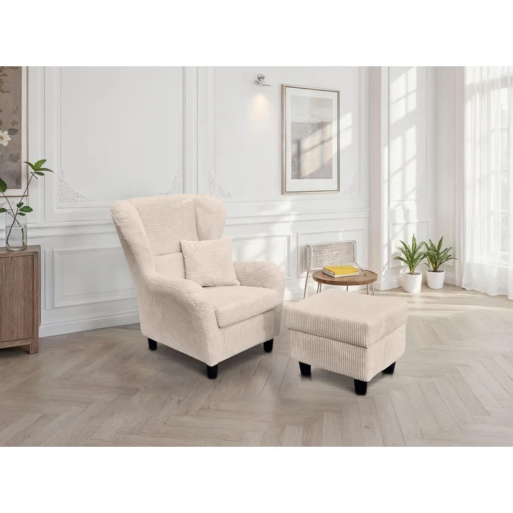 Ohrensessel mit Hocker Landhausstil Polster-TV-Lesesessel Cordstoff Beige Creme – Bild 2