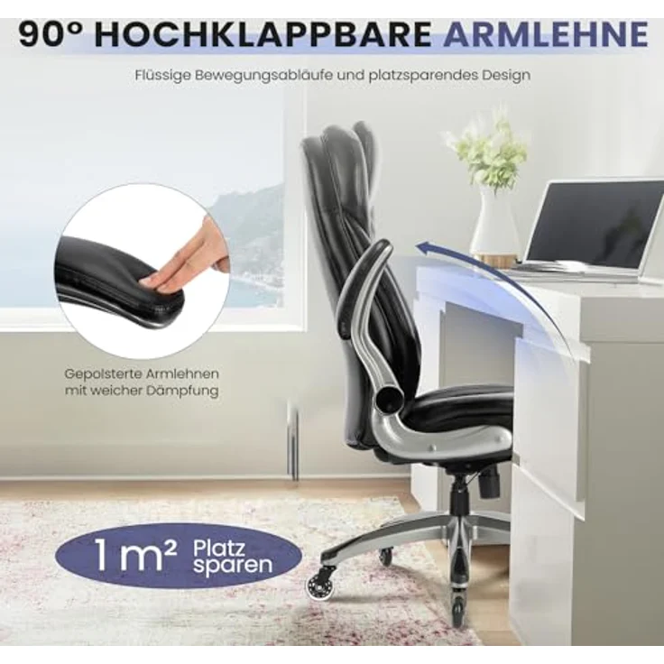 COLAMY Hochlehner Chefsessel aus Leder, Ergonomischer Bürostuhl mit Flip-up-Armlehnen & höhenverstellbar - Office Chair mit leisen Rollen für Homeoffice und Büro-Schwarz – Bild 10