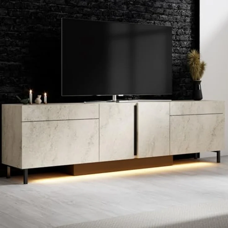 Moderner TV-Ständer mit LED-Beleuchtung, Travertin-Optik, 180 cm | 100% melaminbeschichtet, Metallbeine, RGB-Fernbedienung | Stilvolles und funktionales Design – Bild 2