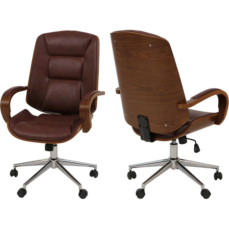 Bürostuhl HWC-O83, Drehstuhl Chefsessel, Kunstleder (280g/m²) Bugholz FSC®-zertifiziert Walnuss-Optik ~ rotbraun – Bild 1