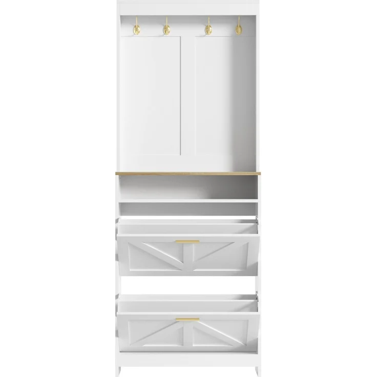 Schuhschrank mit LED-Beleuchtung, 2 Klappfächer & Haken, 70x24x180 cm, Weiß/Naturfarben – Bild 6
